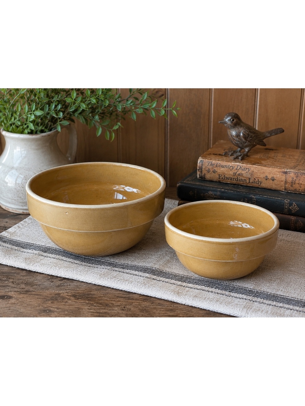 Vintage Americana General Stoneware Nesting Bowl Set Brown Pottery 2 Pc - Picture 3 of 9